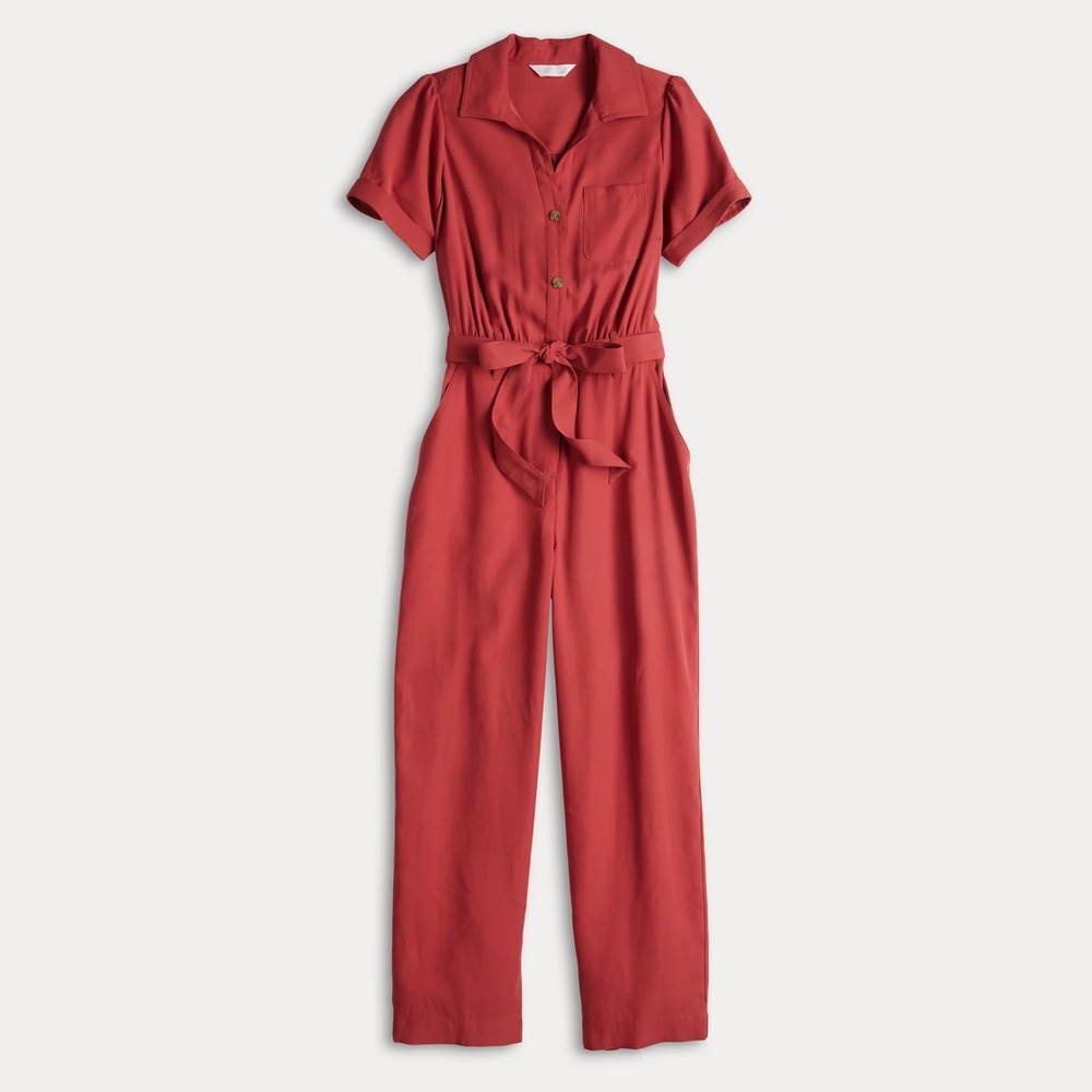 LC Lauren Conrad Short Sleeve Boilersuit Jumpsuit Berry Red XS NWT - Picture 4 of 8